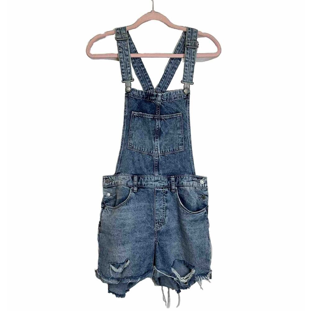 H&M Jean Overalls Women's Distressed Denim Shorts Streetwear Size 4 100% Cotton